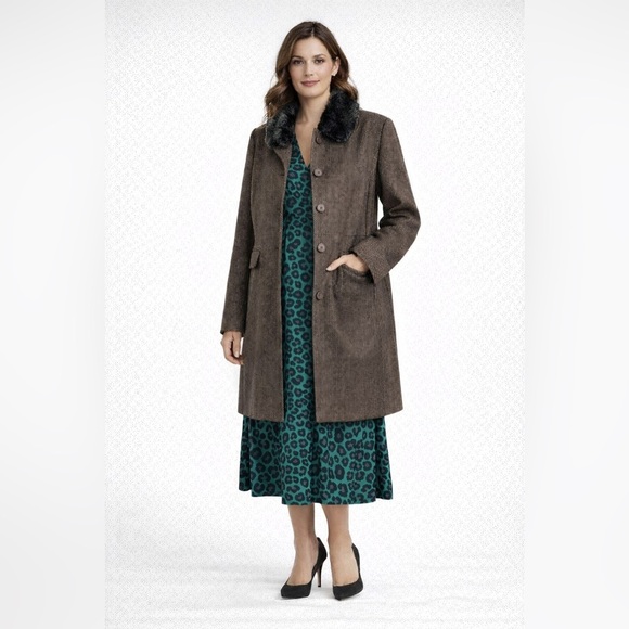 Dialogue Brown Wool Coat w/ Faux Fur Collar Size 16 Classic Winter Coat